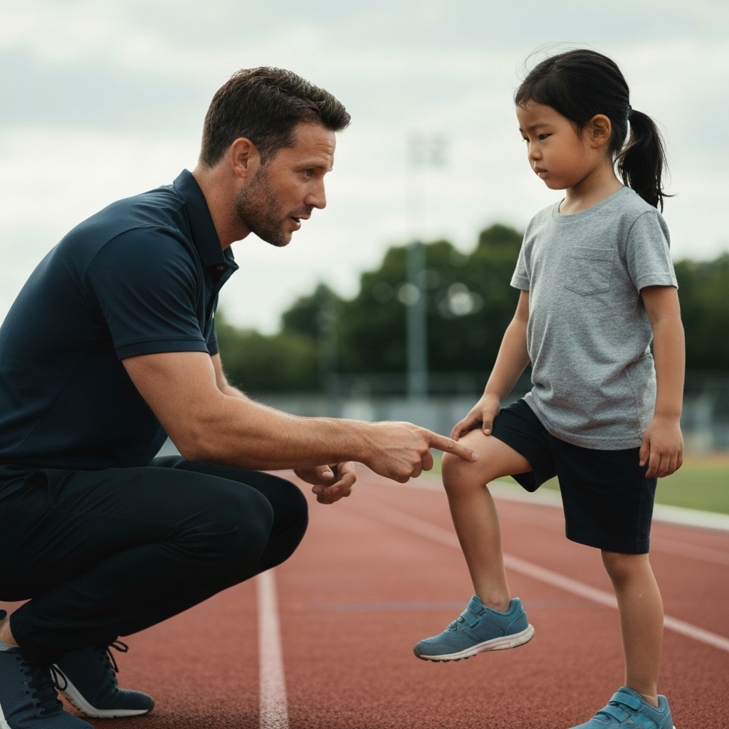 A coach giving instructions to a child on a track. The coach is pointing to the child's leg to demonstrate proper knee lift. The background is slightly blurred to emphasize the interaction.