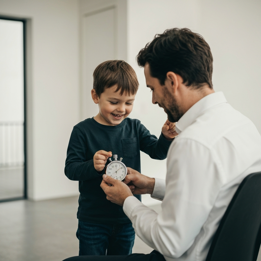 A child and an adult looking at a stopwatch together. The child is smiling and appears excited. Soft bokeh creates a sense of accomplishment.