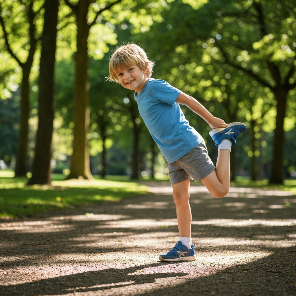 A child stretching their legs after a run. Natural light filters through the trees, creating a peaceful and relaxing atmosphere. The child appears relaxed and content.