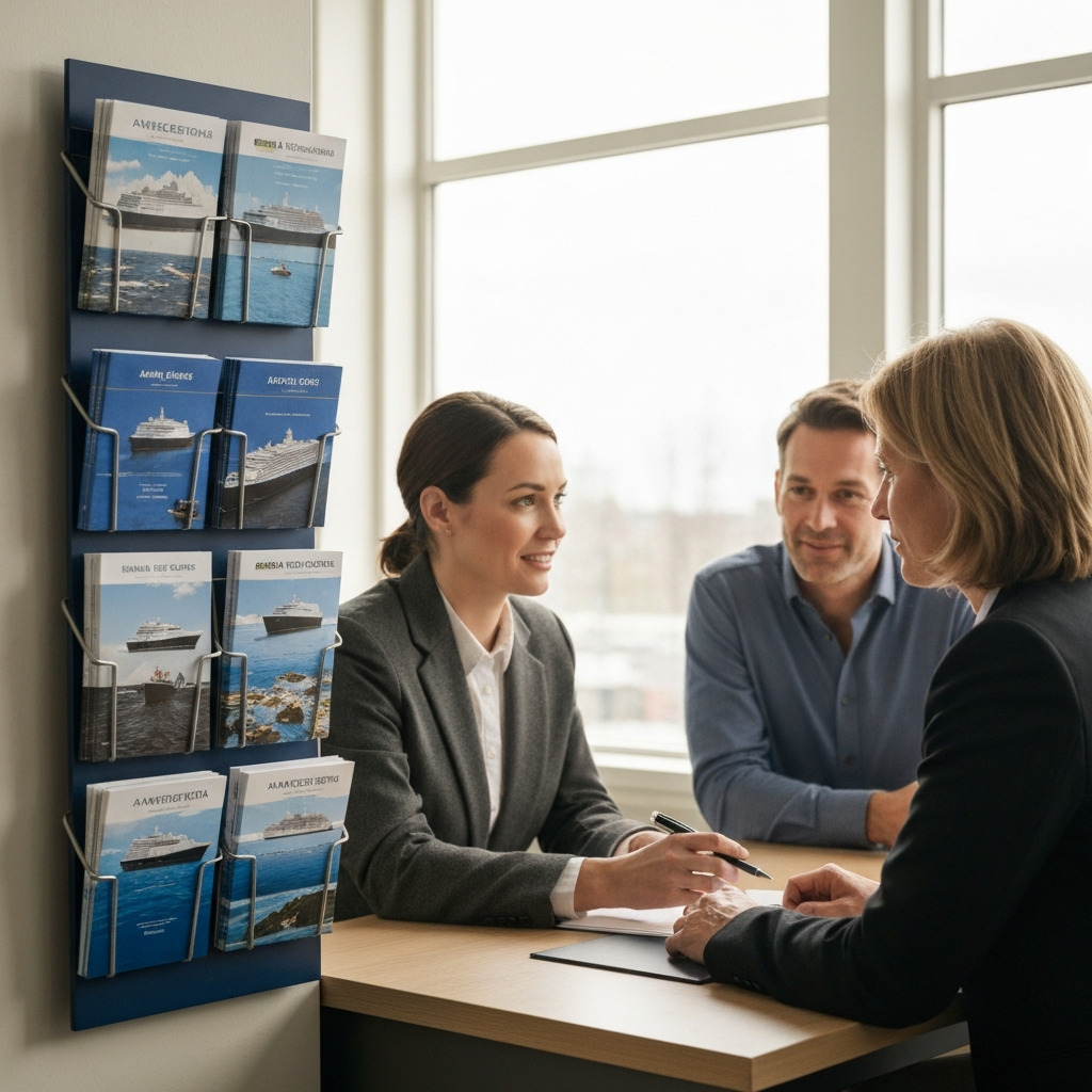 A neatly organized travel agent's office, featuring brochures of different Antarctic cruise ships displayed on a rack. The agent is pointing at a map of Antarctica with a pen while speaking to a well-dressed couple sitting across the desk. Natural window lighting and a soft bokeh in the background.