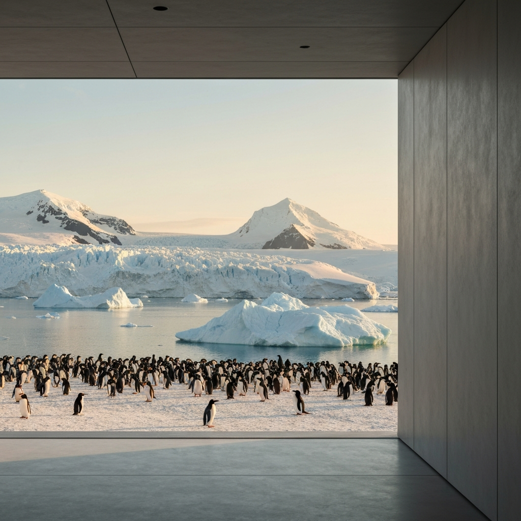A panoramic view of Antarctica during the austral summer. The landscape is bathed in golden hour light, showcasing glaciers, icebergs, and a colony of penguins in the foreground. The textures of the ice and snow are clearly visible.