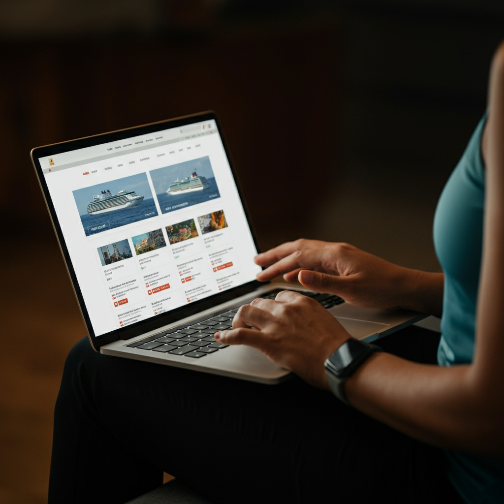 Close-up shot of a person's hands using a laptop, comparing different cruise prices on a website. The screen is softly illuminated, and the focus is on the details of the webpage and the user's hands.