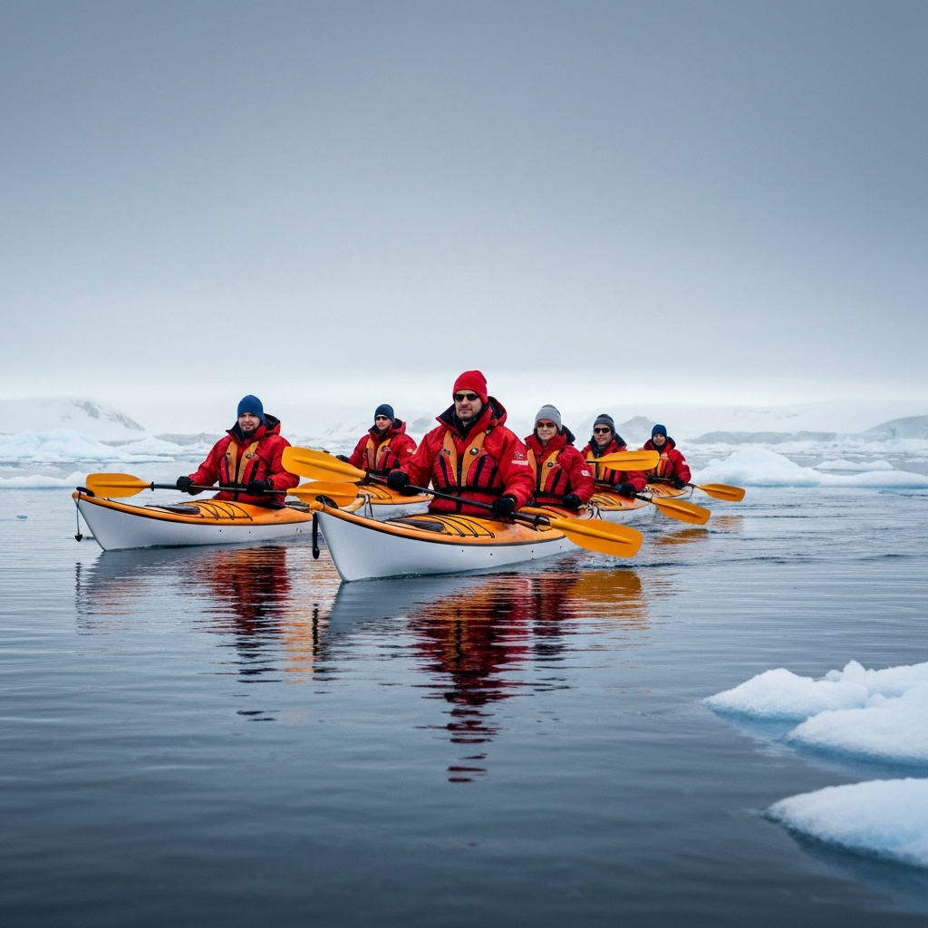 A group of passengers in bright red parkas, paddling kayaks through calm, icy waters in Antarctica. The sky is overcast, and the kayaks are brightly lit against the white landscape. Side-lit textures of the ice.