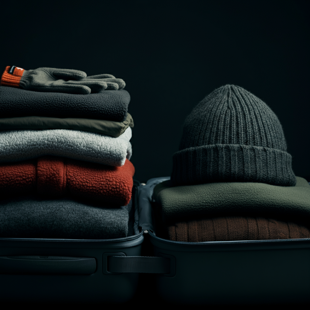 A close-up shot of a suitcase being packed with warm layers of clothing: a thermal base layer, a fleece jacket, a waterproof outer shell, gloves, and a hat. Soft, diffused light highlights the textures of the different fabrics.