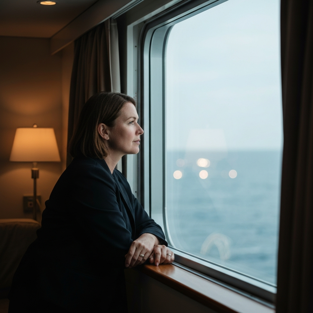 A person looking out from a cabin window on a cruise ship, focusing on the distant horizon. The cabin is softly lit, and the person appears calm and relaxed. Gentle bokeh in the background.