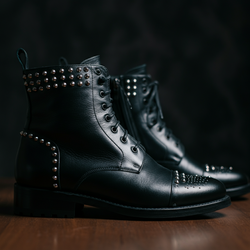A close-up shot of black leather boots with silver studs, side-lit to highlight the texture and sheen of the leather. Soft bokeh in the background suggests a high-fashion photoshoot.