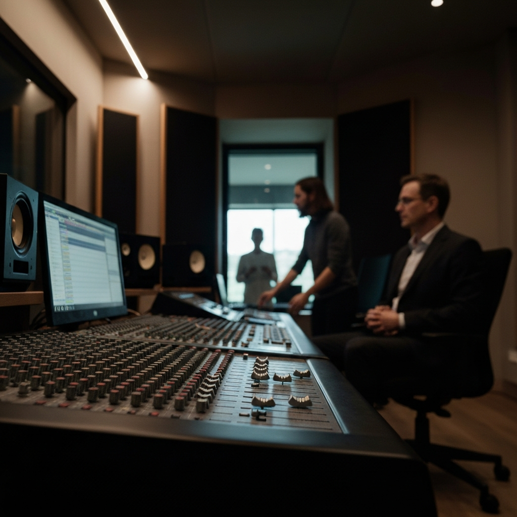 A recording studio with dim, ambient lighting. A mixing board is in focus, with blurred figures of people in the background, suggesting a collaborative creative process.