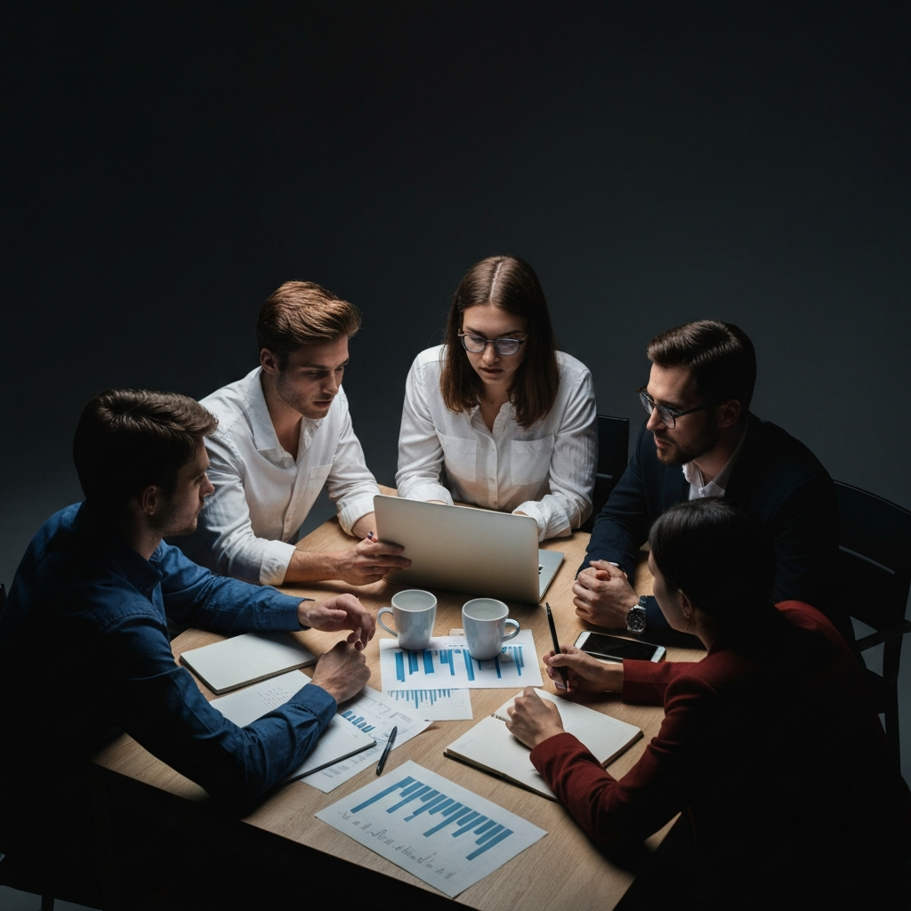 A group of young adults sitting around a table, illuminated by the glow of a laptop screen. They are animatedly discussing something, with scattered notebooks and printouts around them.