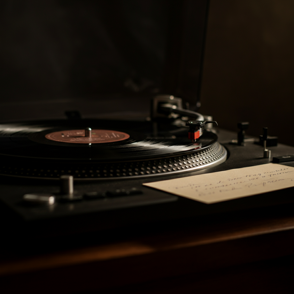 A close-up of a vinyl record spinning on a turntable. Soft, warm light reflects off the vinyl surface. A handwritten note lies beside the turntable, suggesting personal connection and nostalgia.