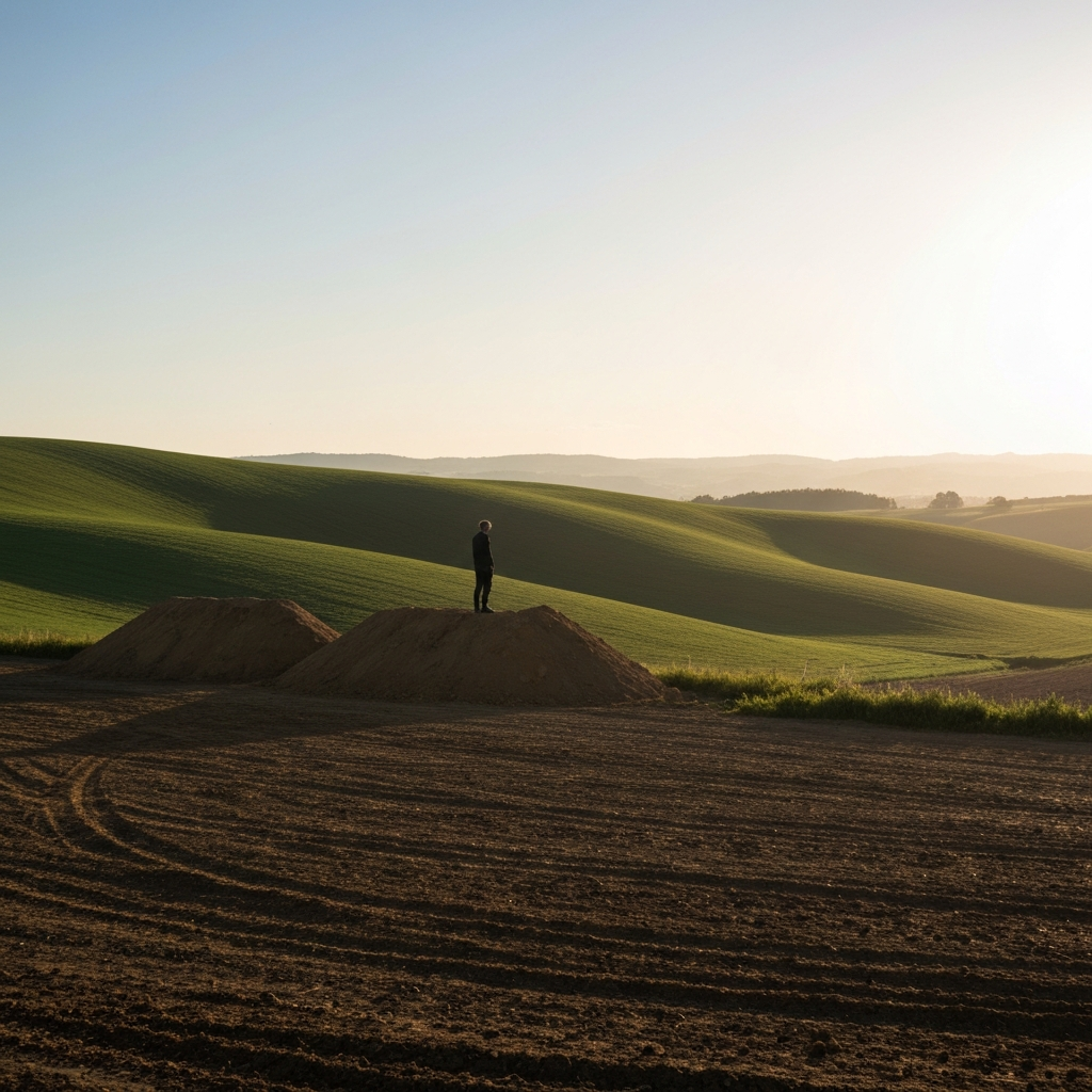 A wide shot of a rural landscape with rolling hills. A lone motocross rider stands near a pile of dirt, surveying the area. The sun is low in the sky, casting long shadows and creating a golden hour effect. The soil appears dry and packed.