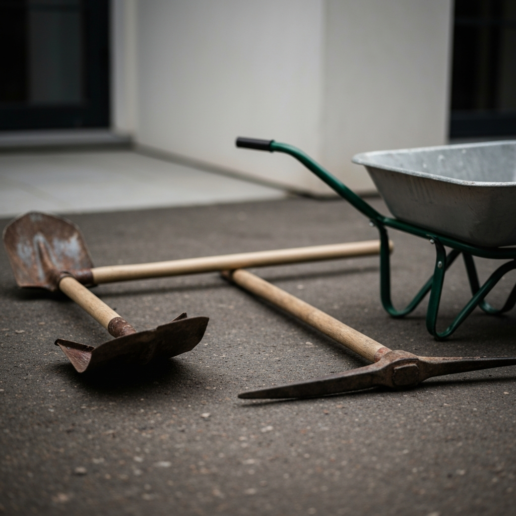 Close-up of various tools laid out on the ground: a shovel, a pickaxe, and a wheelbarrow. The tools are slightly worn, suggesting regular use. The background is blurred, creating a soft bokeh effect.