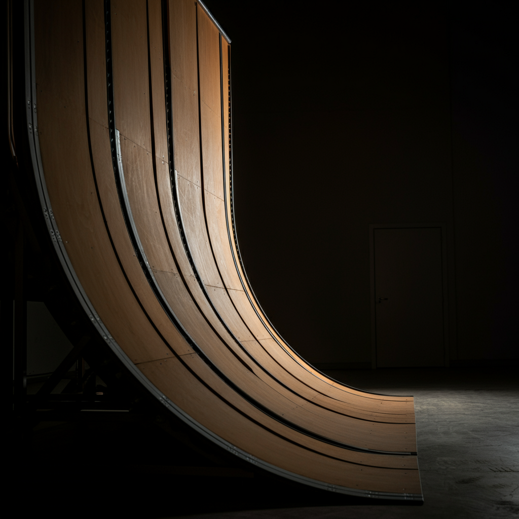 A side view of a completed motocross jump ramp. The sunlight accentuates the curves and edges of the jump. The focus is sharp on the ramp itself, with the background slightly blurred.