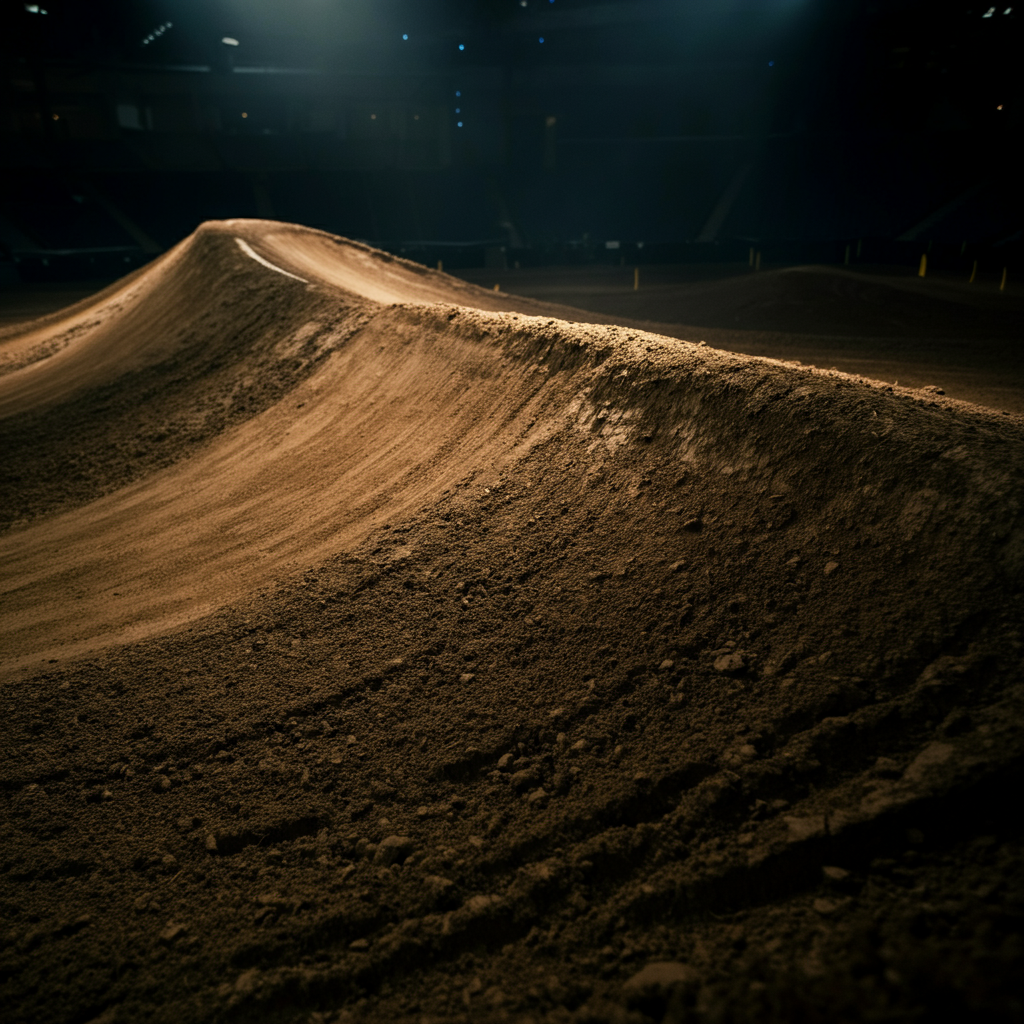 A close-up of the landing area of a motocross jump. The dirt is smooth and compacted, with subtle tracks indicating previous landings. The lighting is side-lit, emphasizing the texture of the dirt.