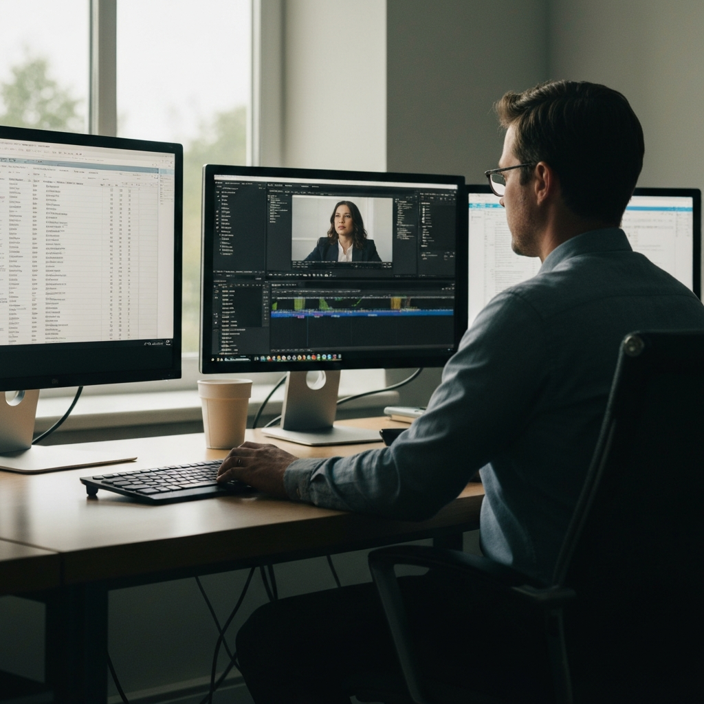 A person sitting at a desk with multiple monitors, some displaying spreadsheets and documents, others showing video editing software. Soft, natural light illuminates the workspace.