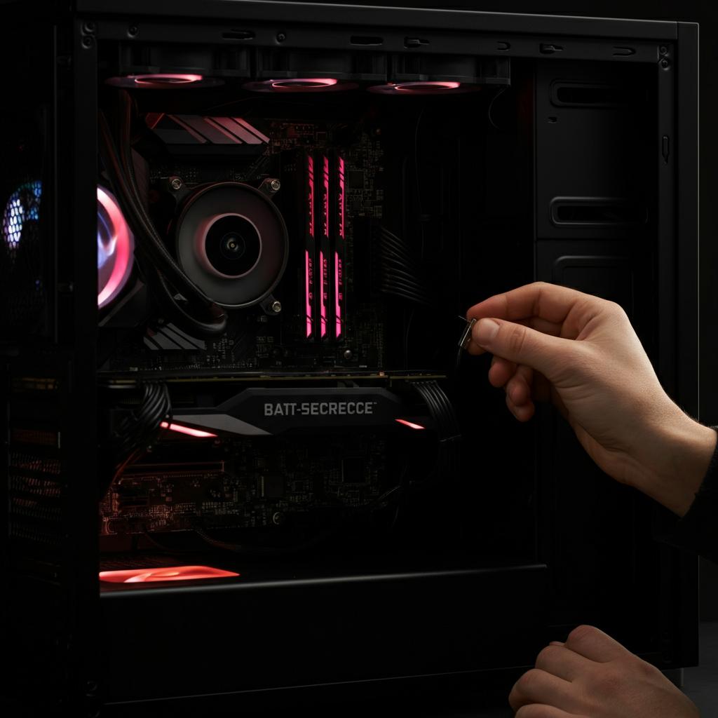 Close-up of a person's hands carefully connecting a cable inside a computer case, using a small screwdriver. The inside of the case is brightly lit, showcasing the various components.