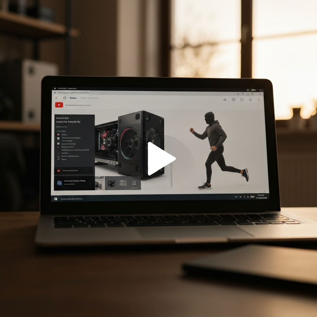 A YouTube video playing on a laptop screen, showcasing a step-by-step PC building tutorial. Soft bokeh blurs the background of the room where the laptop is located.