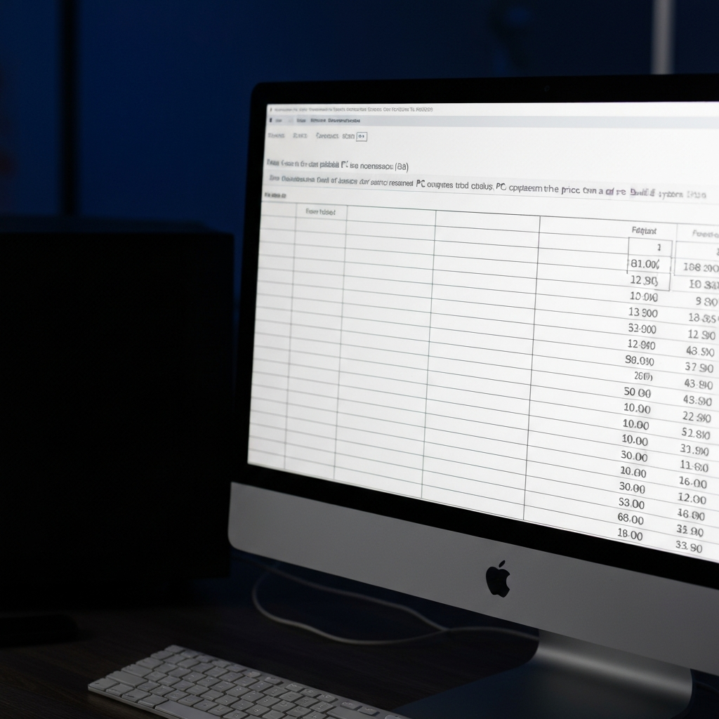 A spreadsheet on a computer screen comparing the costs of individual PC components versus the price of a pre-built system. The lighting is balanced, with a soft glow emanating from the screen.