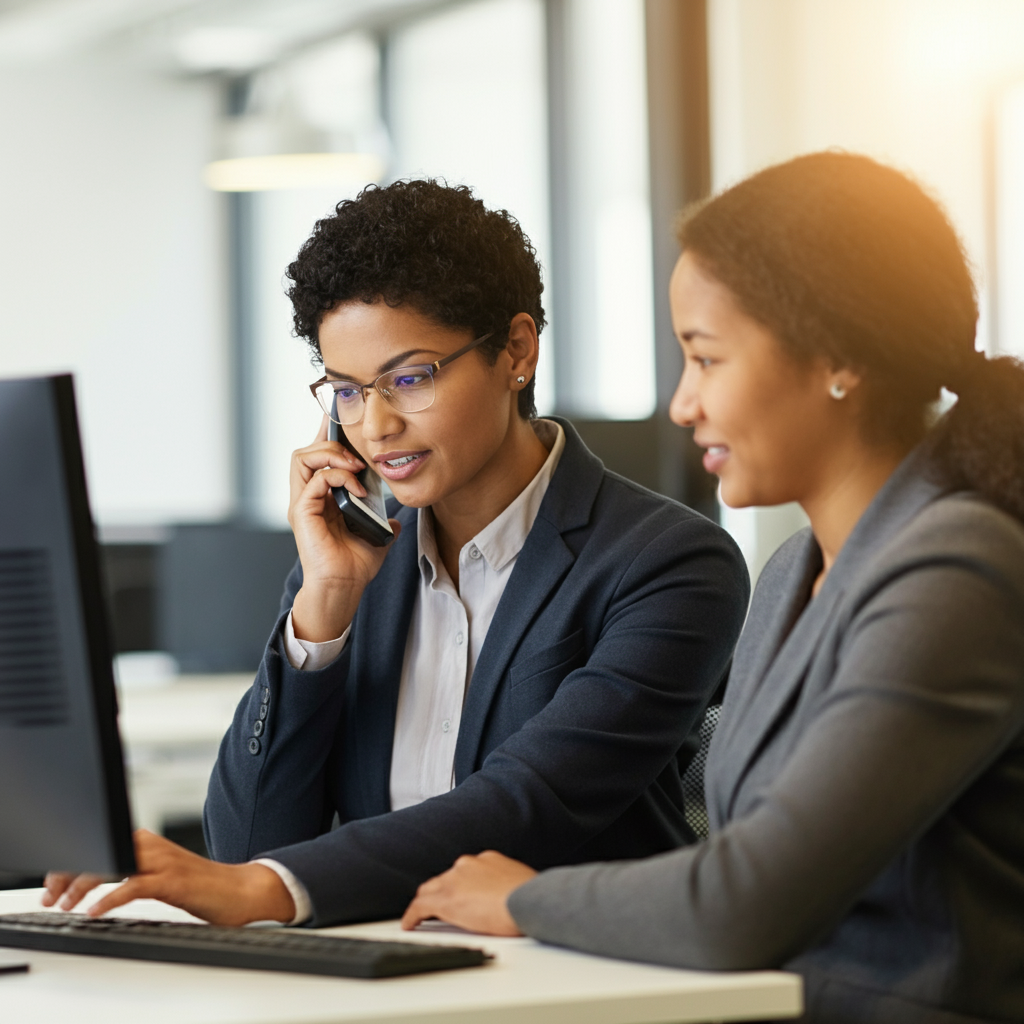 A customer service representative speaking with a customer on the phone, both looking at a computer screen. The office environment is clean and professional, with soft, diffused lighting.