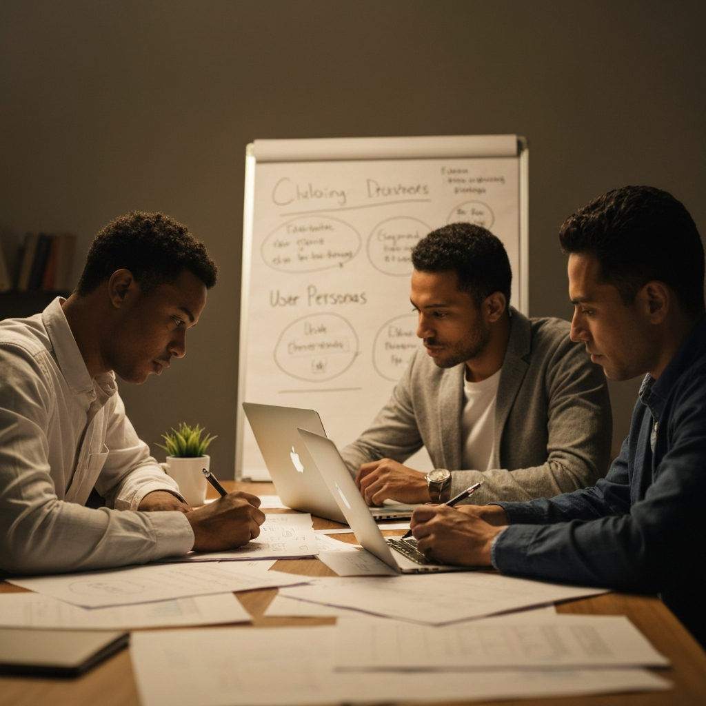 A softly lit study. Three diverse individuals sit at a table covered with papers and laptops, intensely focused on brainstorming and sketching out user personas on a whiteboard. The lighting is warm and inviting, casting gentle shadows and highlighting the texture of the paper and the expressions on their faces.