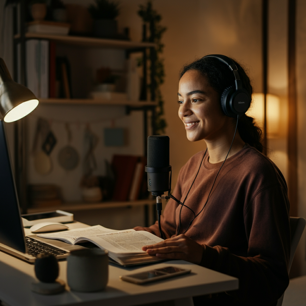 A cozy home office filled with creative tools. A person wearing headphones smiles warmly as they record a video tutorial. Soft, diffused light illuminates their face, creating a relaxed and approachable atmosphere. Shelves behind them hold books and various props related to the course topic.
