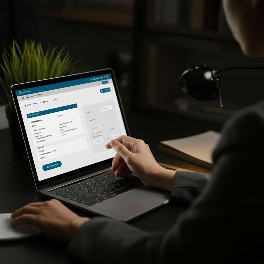 A well-organized workspace with a laptop displaying a secure payment gateway interface. A person is carefully reviewing transaction details, ensuring accuracy and security. The room is brightly lit, conveying a sense of professionalism and trust.