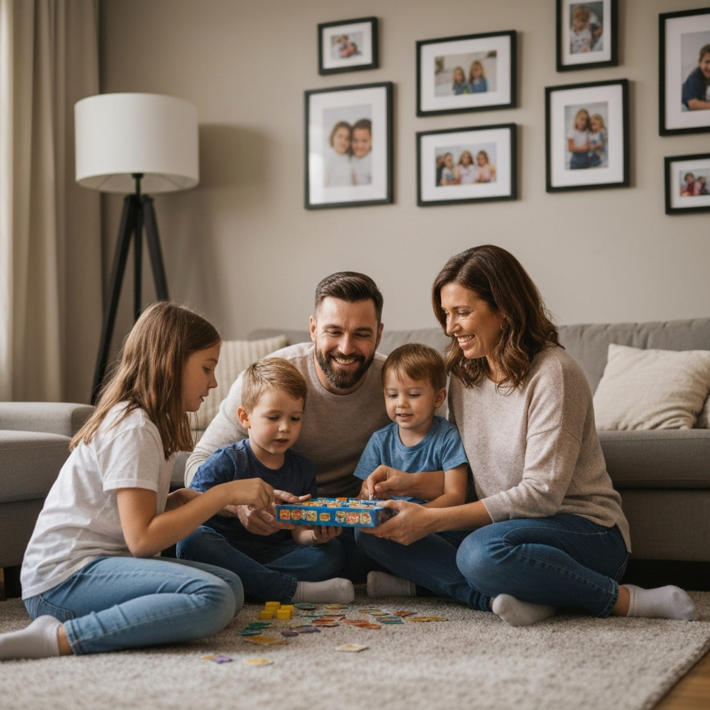 A warmly lit living room. A mother, father, and two children are playing a board game together. Soft bokeh in the background shows framed family photos. The room has a cozy, lived-in feel.