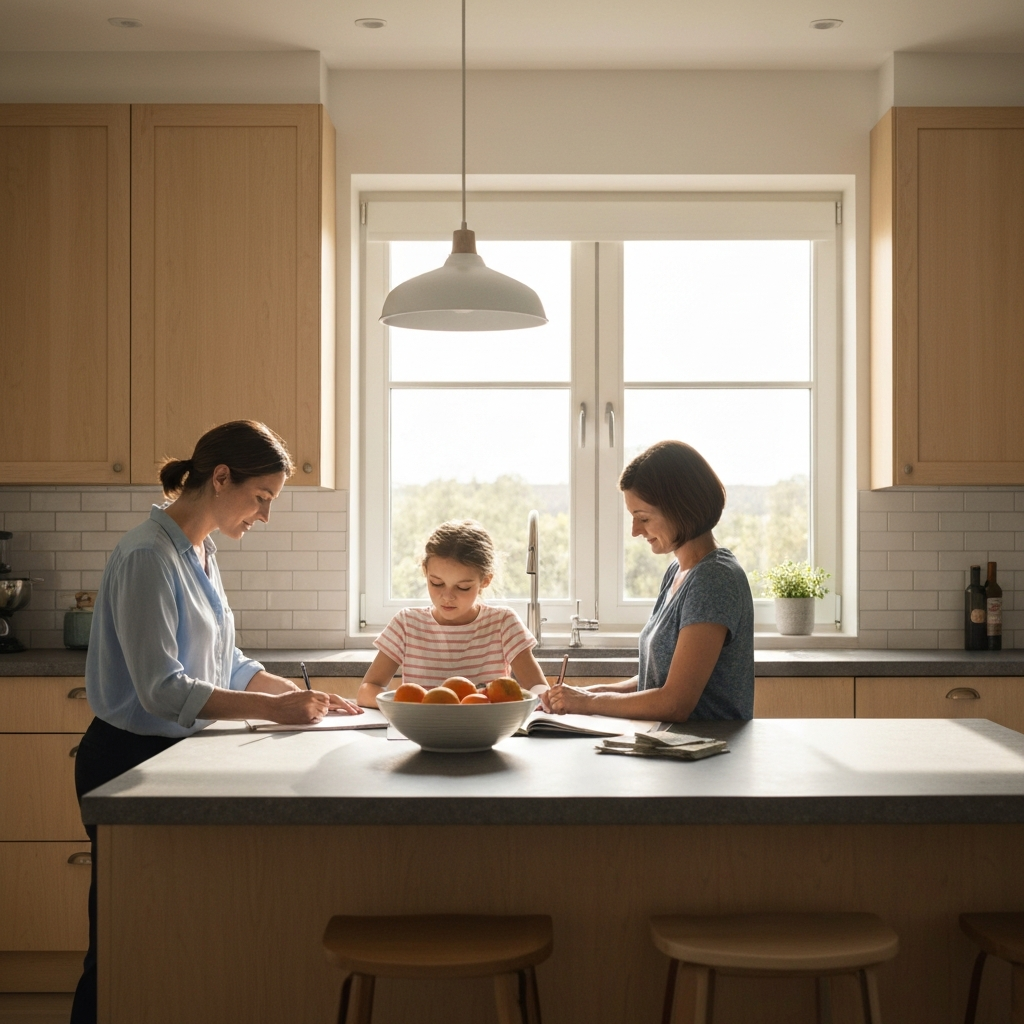 A kitchen with warm, natural light streaming through the window. A single mother is helping her daughter with her homework at the kitchen table. The counter holds a bowl of fruit and a stack of bills.