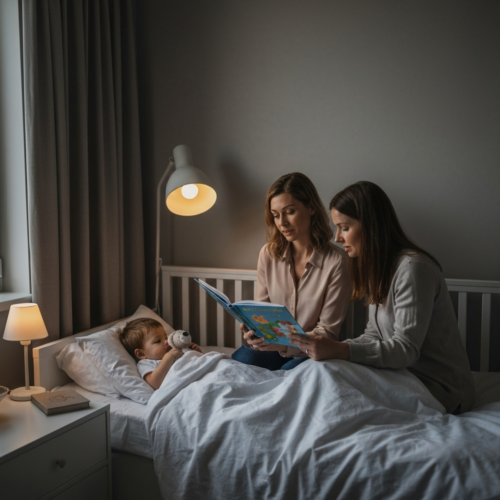 Two mothers reading a bedtime story to their child in a cozy nursery. The room is softly lit with a nightlight, and the child is snuggled in bed with a stuffed animal.