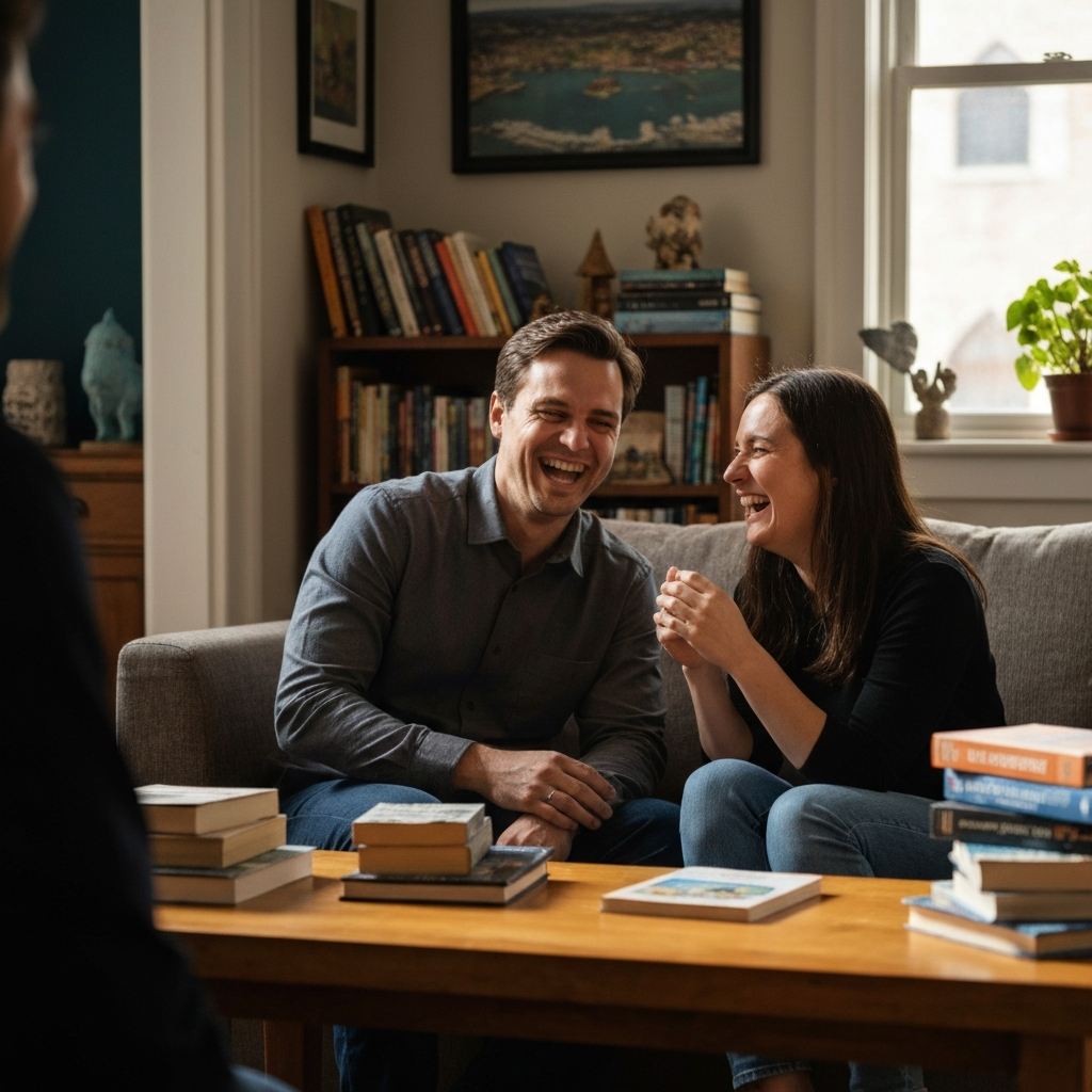 A couple laughing together in their living room, surrounded by books and travel souvenirs. The room is filled with natural light, highlighting the textures of the various objects and creating a warm, inviting atmosphere.