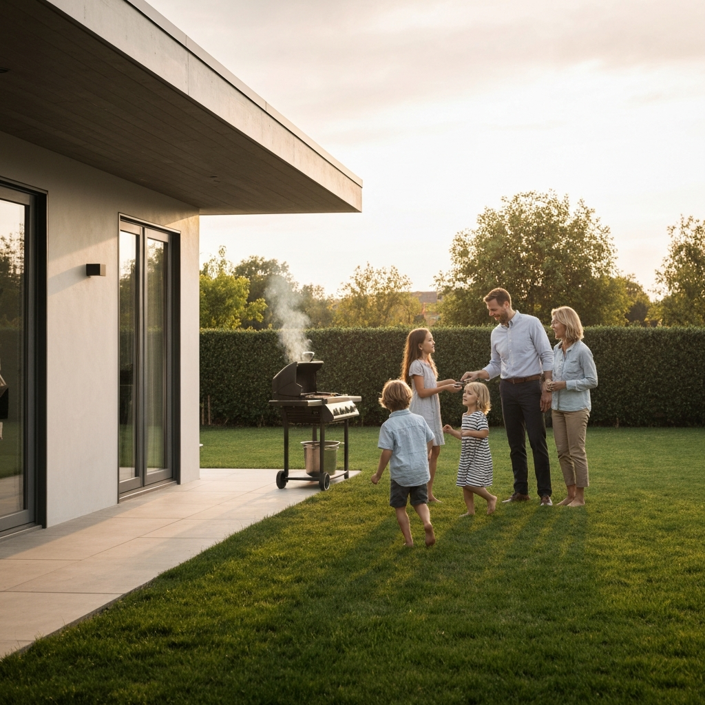 A backyard barbecue. A stepfather is grilling while his stepchildren and biological children play together in the yard. The scene is bathed in golden hour lighting, creating a warm and cheerful atmosphere.
