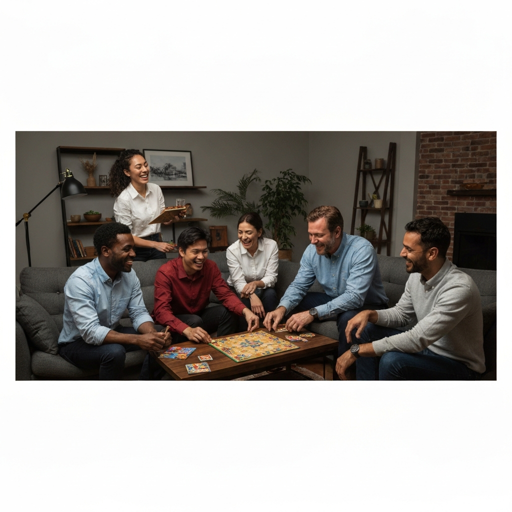 A group of diverse friends gathered in a living room, playing board games and laughing. The room is cozy and inviting, filled with personal touches that reflect their shared interests.