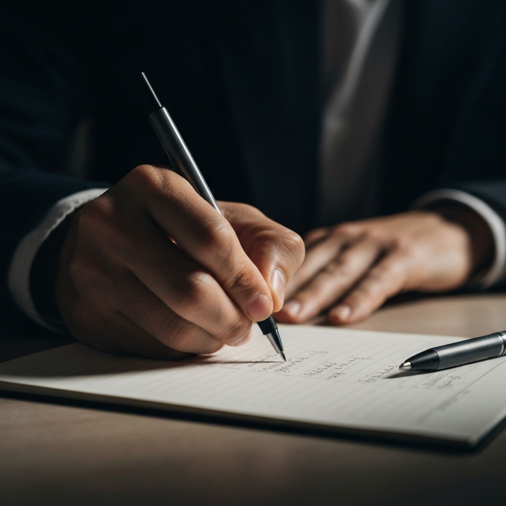 Close-up on a hand writing figures in a notebook, soft lighting on the textured paper, with a pen lying nearby. Depth of field creates a soft bokeh effect.