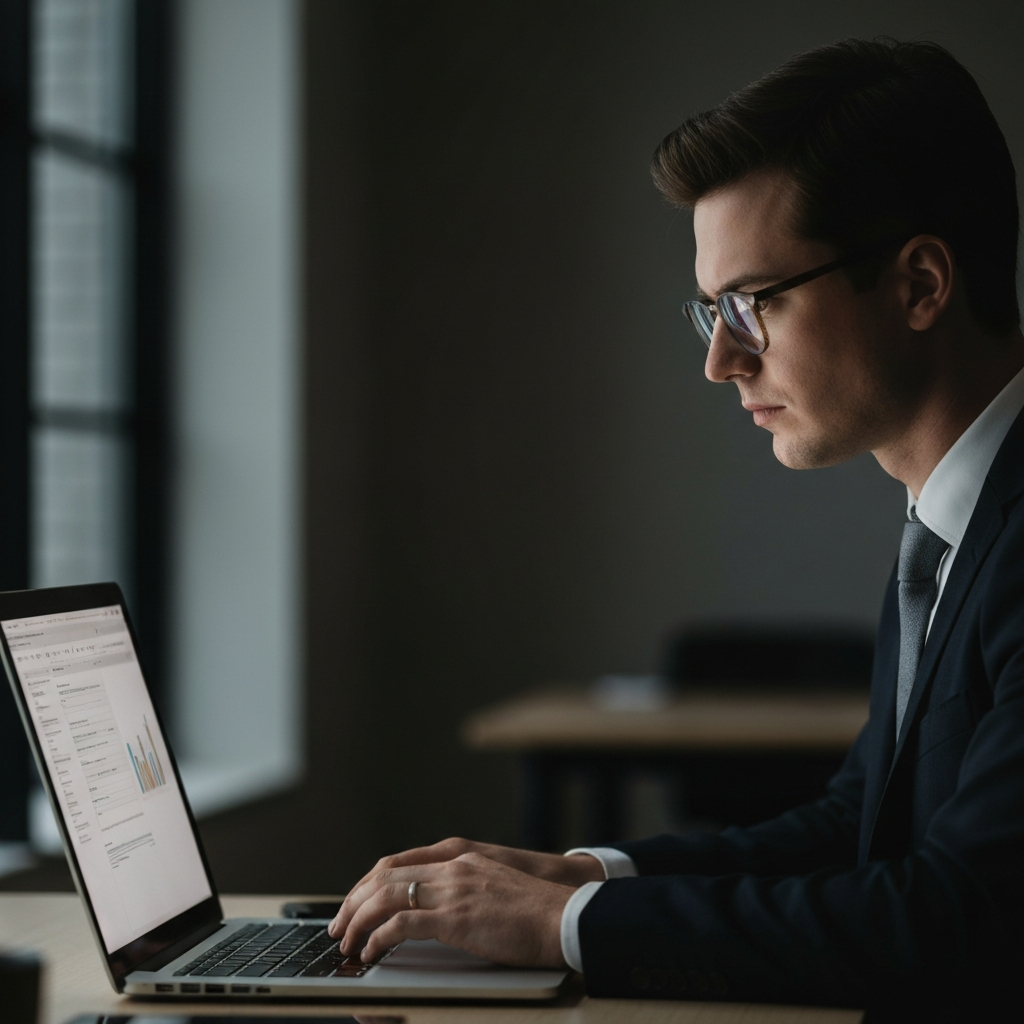 A person researching on a laptop in a dimly lit office, the glow of the screen illuminating their face. Focus is on the screen and the slight reflection in their glasses.