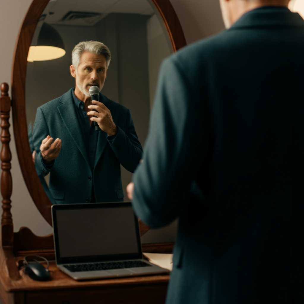 A businessman practicing a speech in front of a mirror in his office. Soft, natural light illuminates his face.