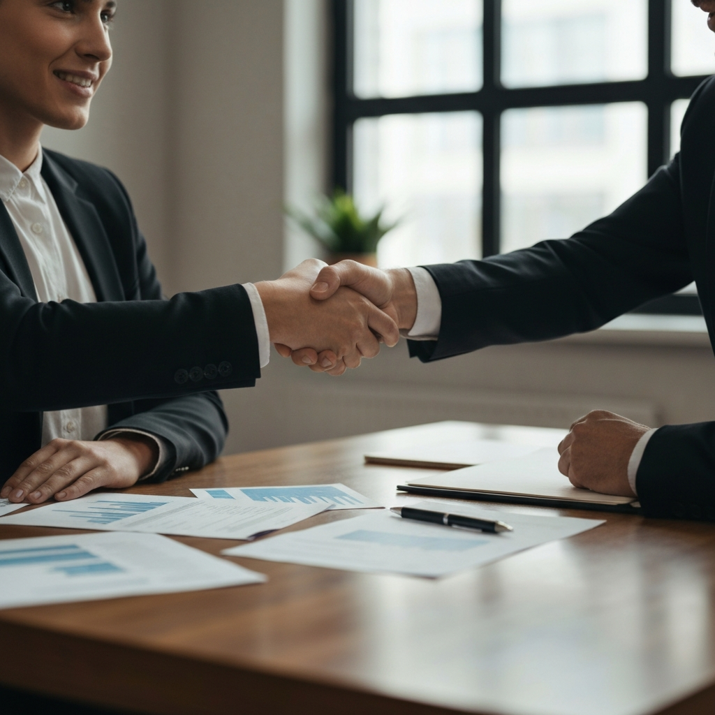 Two people shaking hands across a desk, with paperwork scattered around. Warm, inviting office setting. 