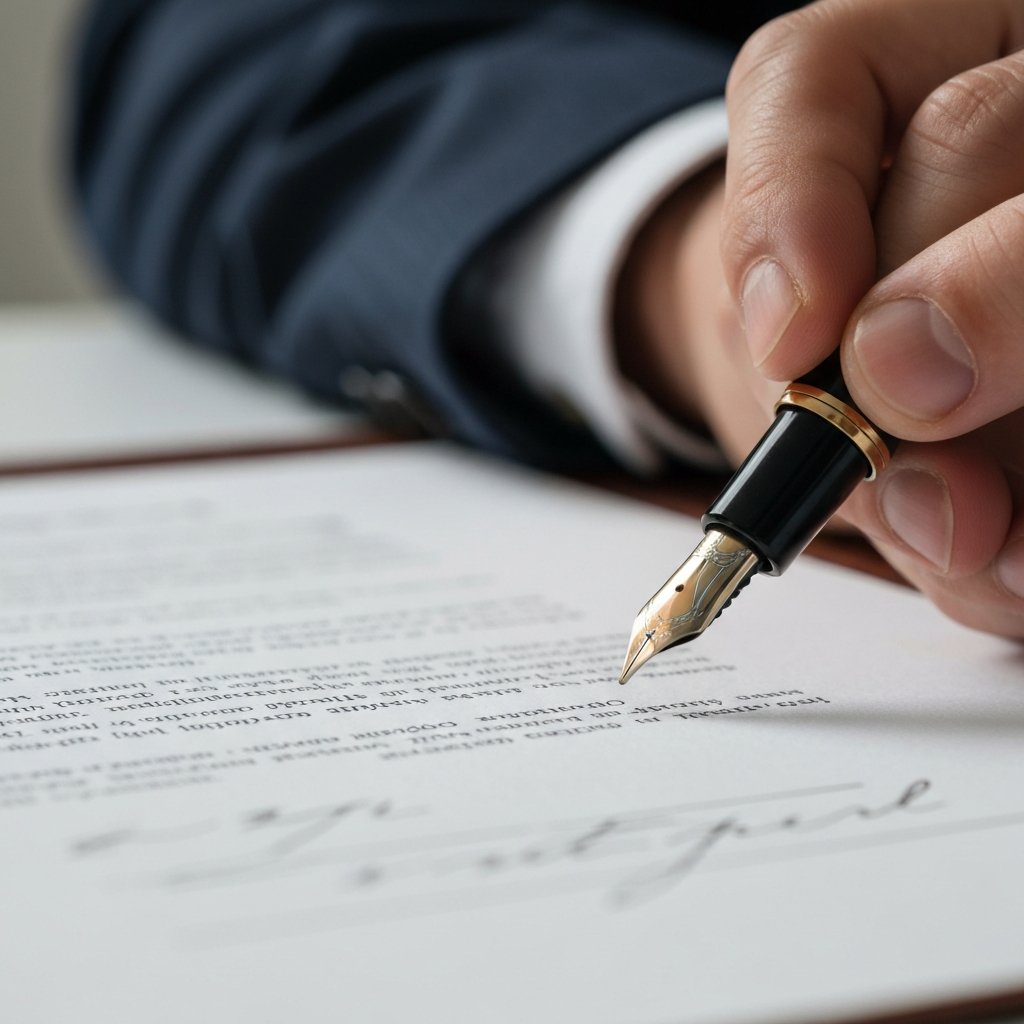 Close-up on a document being signed with a fountain pen. Highlighting the texture of the paper and the ink.