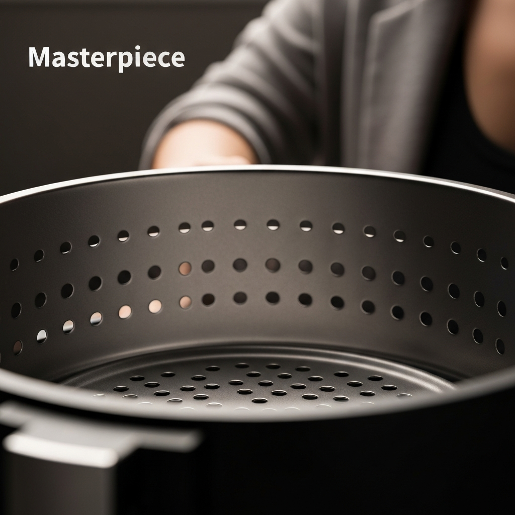 Close-up shot of an air fryer basket, side-lit with soft bokeh in the background, highlighting the perforated design and the metallic sheen of the basket's material.