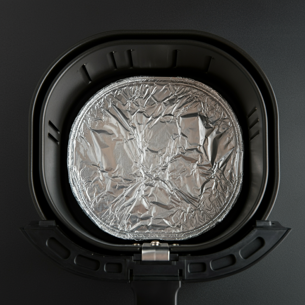 Overhead shot of an air fryer basket. Aluminum foil is molded neatly inside, with small ventilation holes strategically poked. Soft, even lighting.