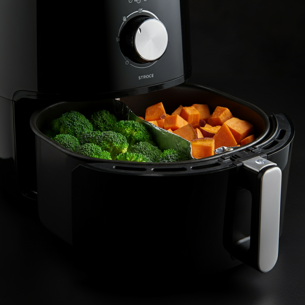 Side-view of an air fryer basket with different foods separated by aluminum foil dividers: broccoli florets on one side, cubed sweet potatoes on the other. Golden hour lighting, creating a warm, inviting atmosphere.