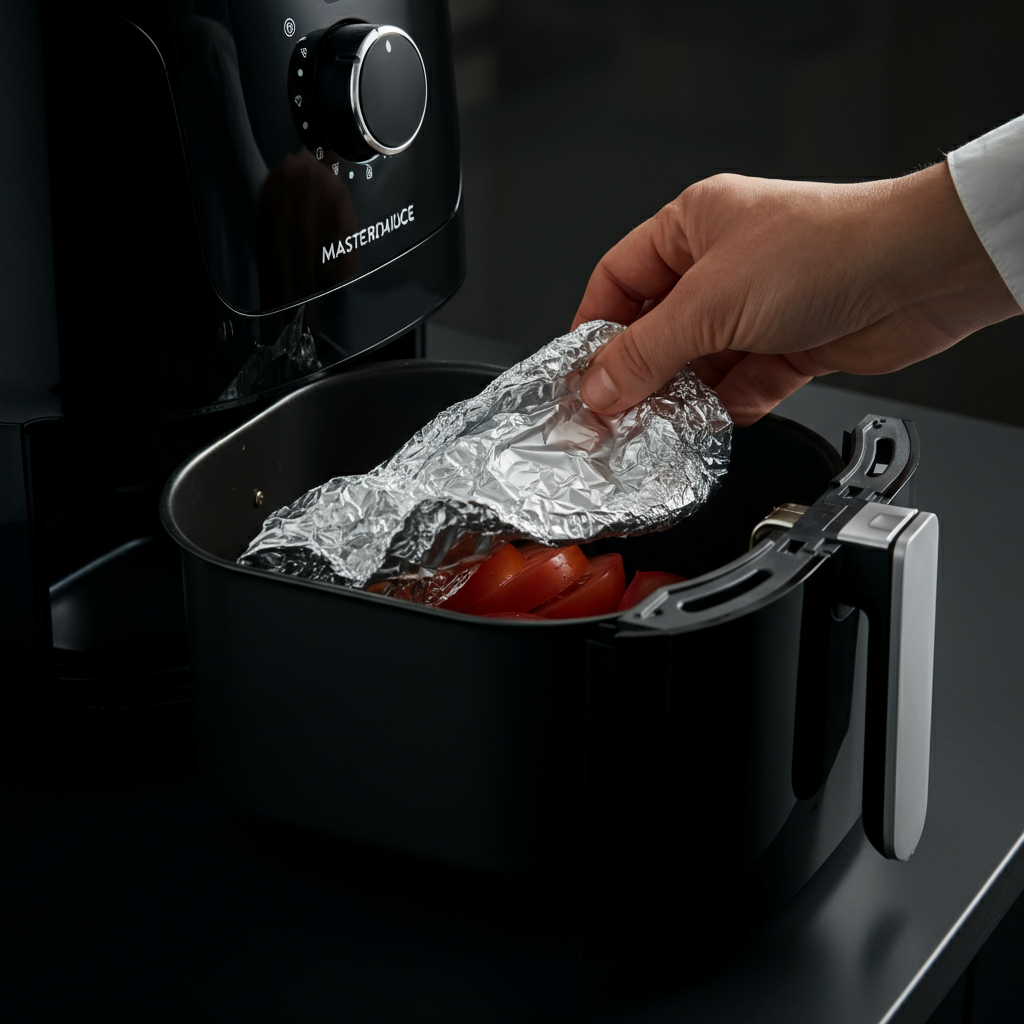 A hand reaches to remove a sheet of aluminum foil from an air fryer basket. The basket contains sliced tomatoes. The lighting is slightly cool and sterile, emphasizing caution.