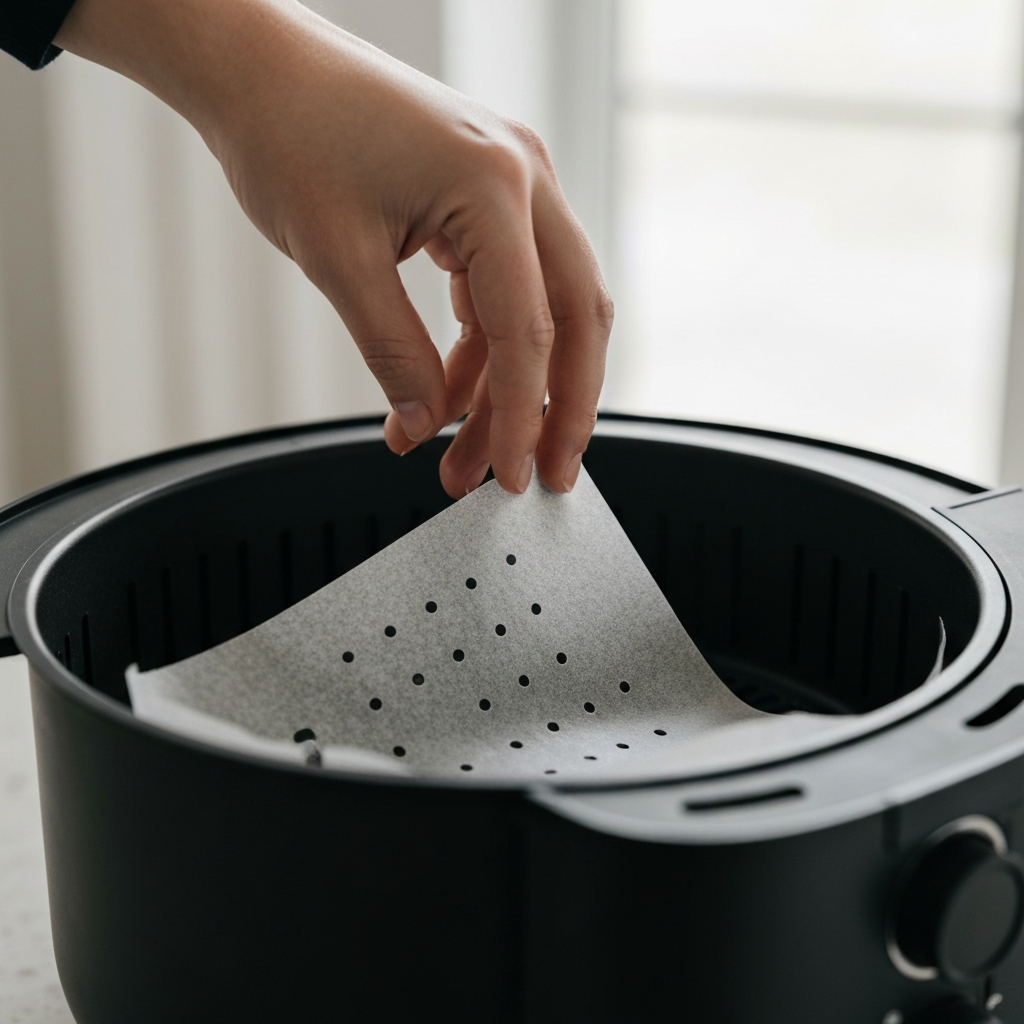 Close-up of a hand carefully placing pre-cut parchment paper with holes into an air fryer basket. Soft, diffused lighting highlights the paper's texture.