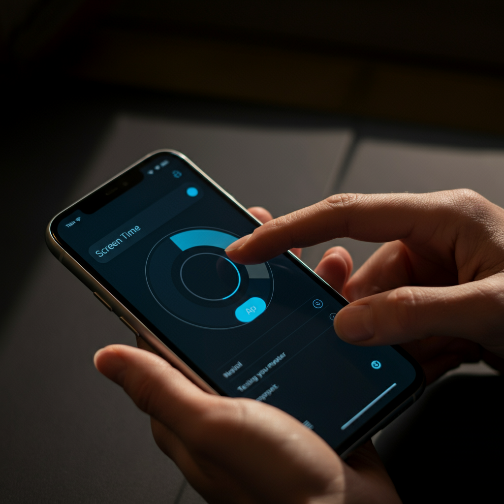 A person adjusting the settings on their smartphone, specifically focusing on the screen time control panel. The fingers are delicately pressing the screen, highlighted by natural daylight. The background is intentionally blurred, emphasizing the phone and hands.