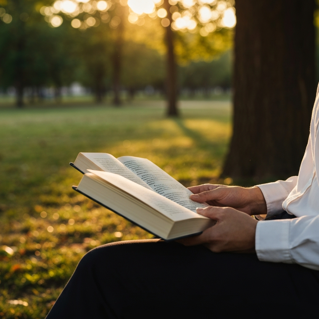 A person sitting in a park, reading a physical book under a tree. The scene is bathed in golden hour lighting, with dappled sunlight filtering through the leaves. The focus is on the book and the person's hands, with the surrounding park in soft focus.