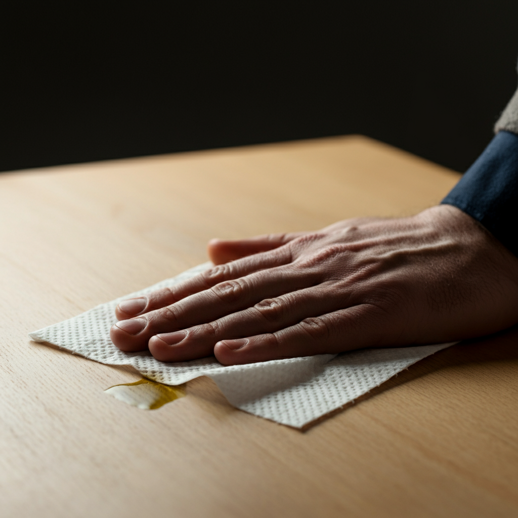 Close-up of a hand pressing a paper towel onto a light wooden surface with a small, dark oil spot. Soft, diffused lighting highlights the wood grain texture.