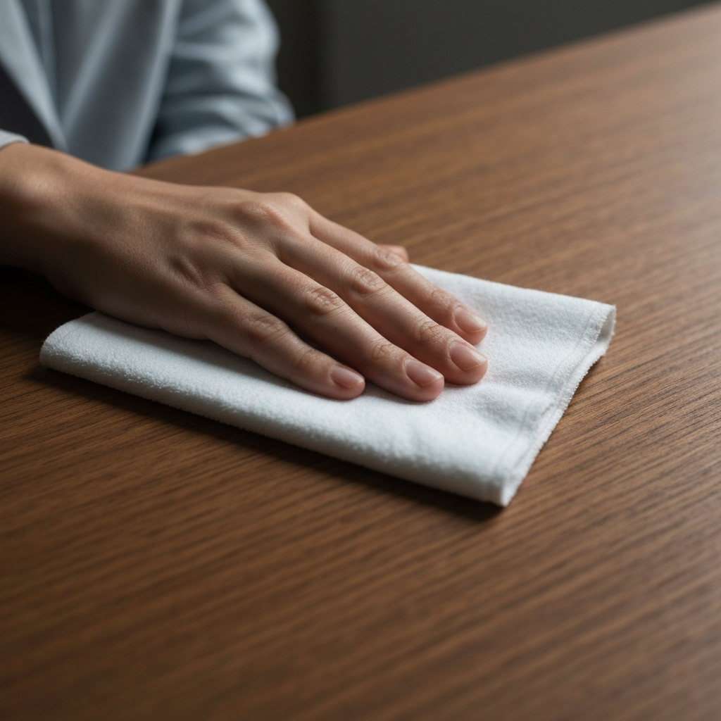 A close-up of a wooden surface being wiped with a clean, white cloth. The cloth is slightly damp, and the wood grain is visible. Soft, natural light illuminates the scene.