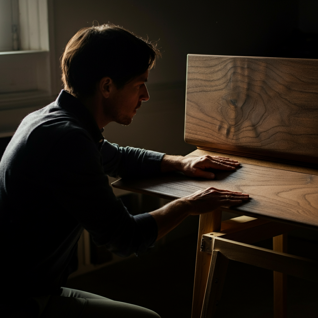 A person inspecting a wooden surface in a well-lit room, examining the wood grain closely. The lighting is bright and even, allowing for a clear view of the wood's texture.