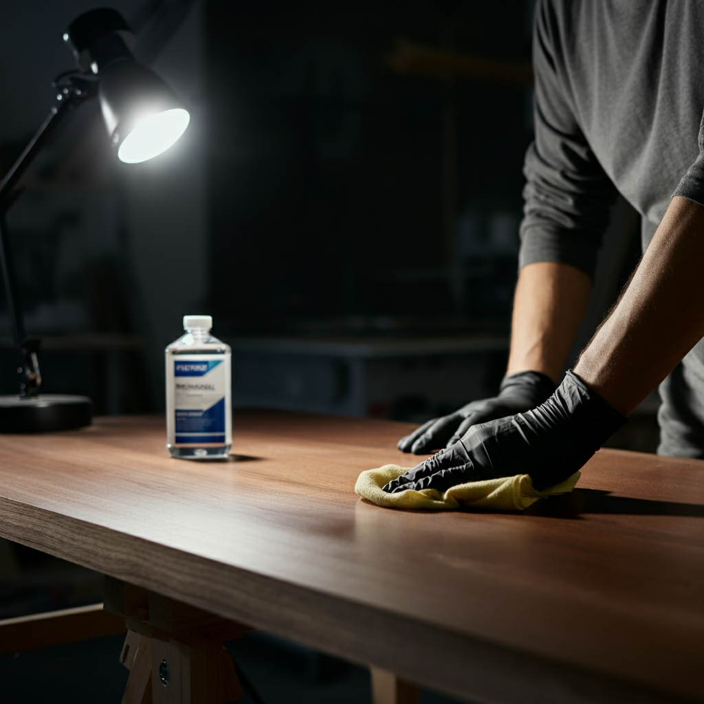 A person wearing protective gloves and working in a well-ventilated workshop, carefully applying mineral spirits to a wooden surface with a cloth. The workspace is clean and organized.