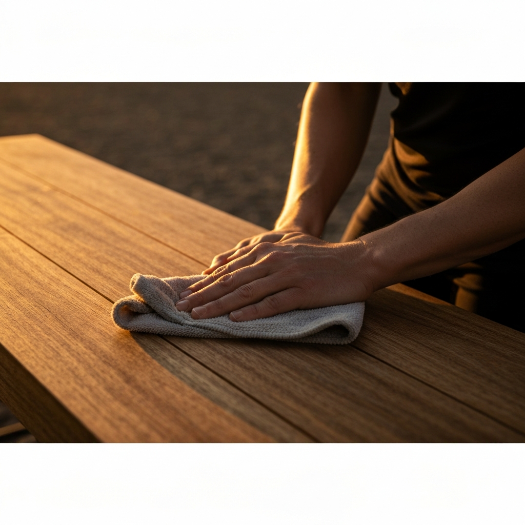 A person polishing a wooden surface with a soft cloth, showcasing the wood grain and the restored shine. Golden hour lighting adds warmth and depth to the image.