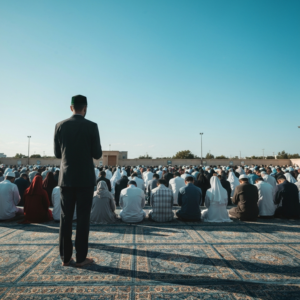 A wide shot of a large group of Muslims, men and women, praying outdoors on a large carpeted area under a clear blue sky. The imam leads the prayer, his back to the camera. Soft morning light bathes the scene.