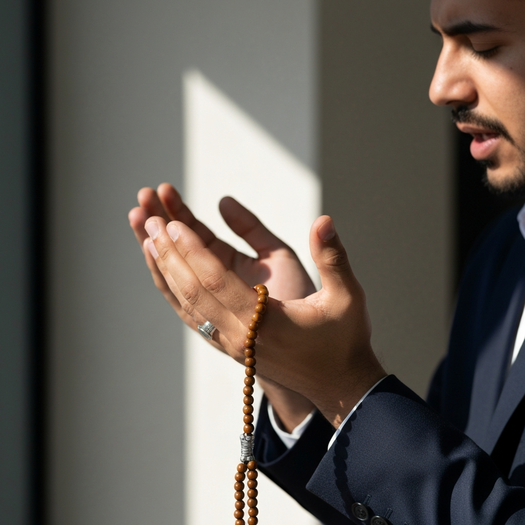 Close-up of a man's hands raised in prayer, reciting the takbir. His face is slightly blurred in the background. Focus on the texture of his prayer beads and the sunlight reflecting off his silver ring.